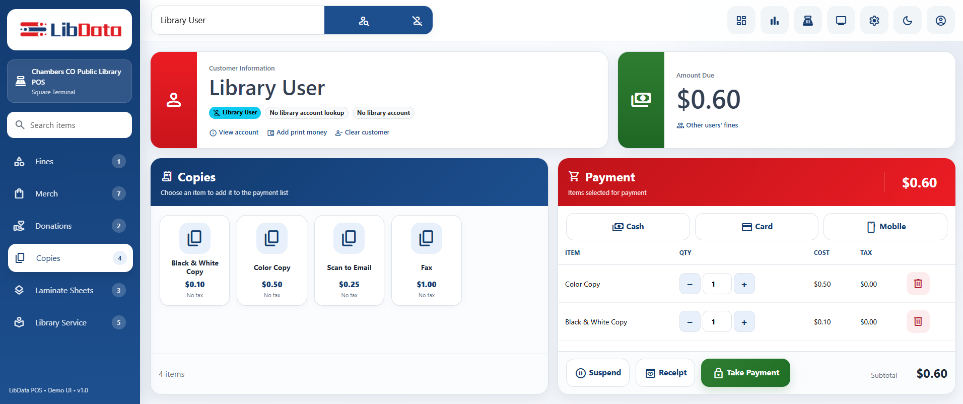LibData POS main payment screen showing patron information, service items, amount due, and payment controls