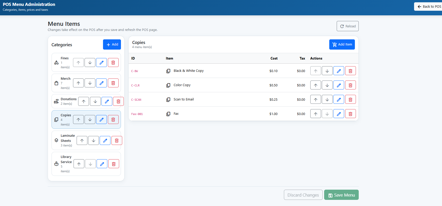 LibData POS menu administration screen for managing categories, items, prices, and taxes